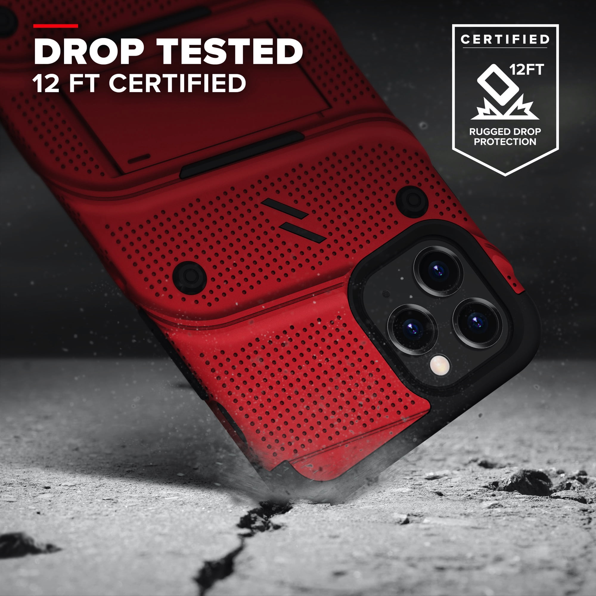 ZIZO BOLT Series for iPhone 12 / iPhone 12 Pro Case with Screen Protector Kickstand Holster Lanyard - Red & Black