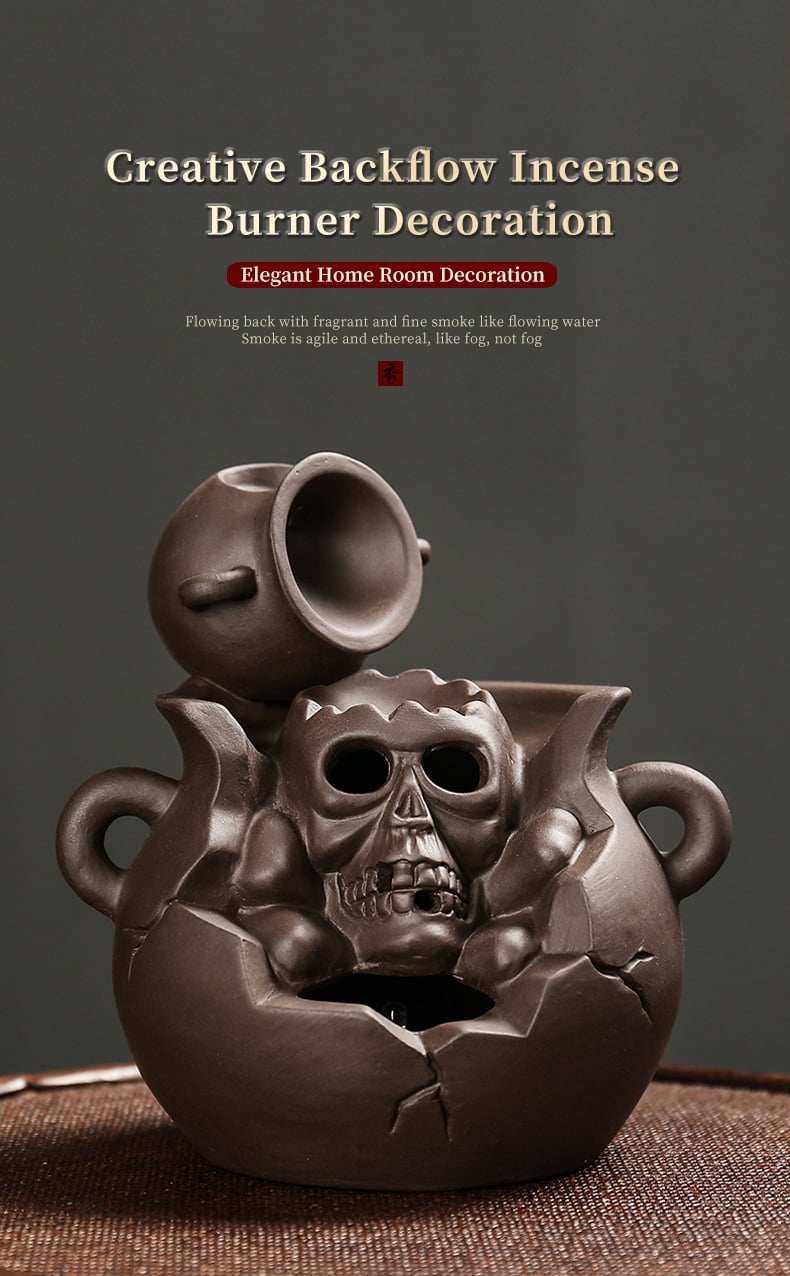 Backflow Incense Burner Skull Ceramic Incense Holder Backflow Incense Cones Holder Ceramic Incense Waterfall Burner Skull Halloween Decor for Home Office Yoga Temple Ornament Type
