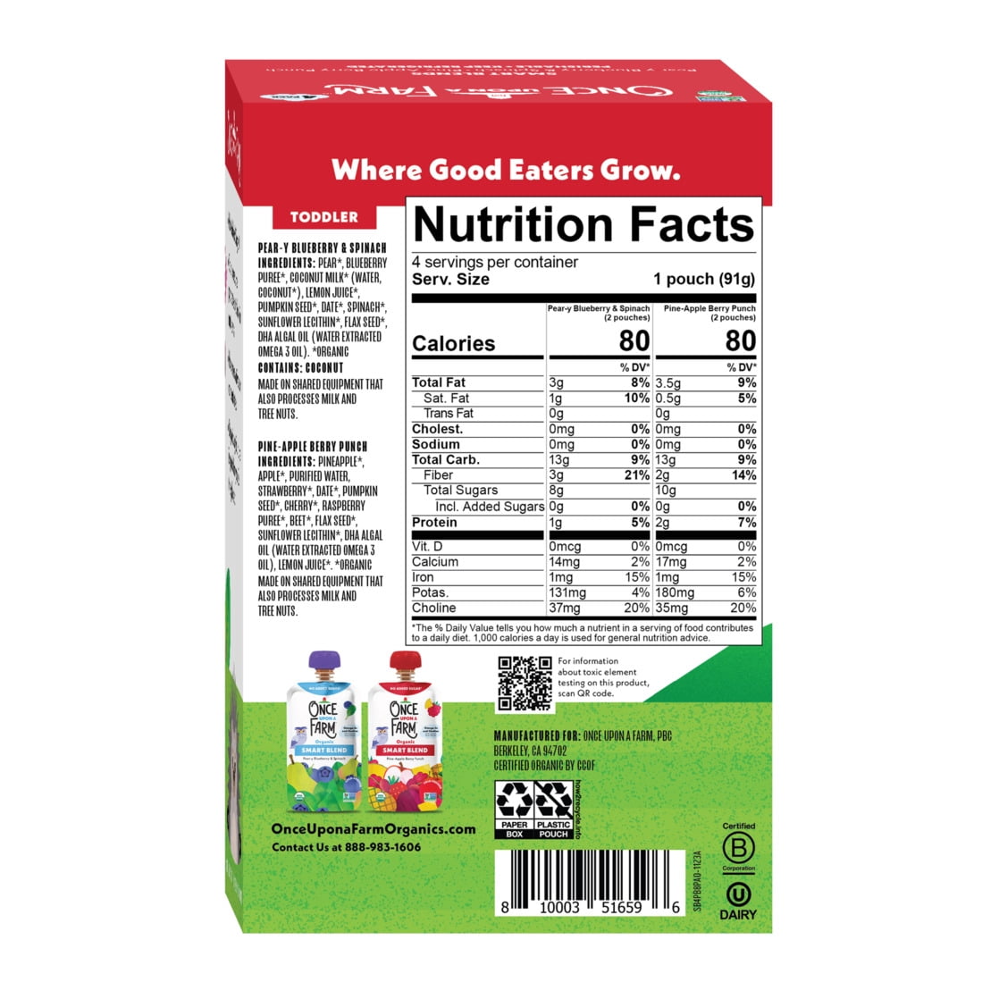 Once Upon a Farm Organic Refrigerated Baby Food Smart Blend Pear-y Blueberry & Spinach/Pine-Apple Berry Punch Variety Pack, 3.2oz Pouch (4 Pack)