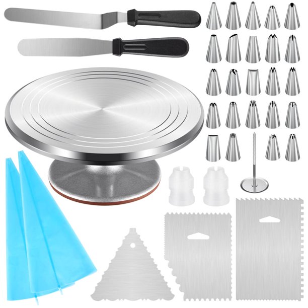Kootek - Plato giratorio de aluminio para tartas de 12 pulgadas, soporte giratorio para tartas, 35 piezas, kit de decoración de tartas, suministros con 24 puntas numeradas para glaseado, 2 espátulas p Kootek NA
