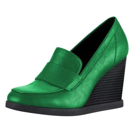 YDN Women Dressy Loafers Pumps Square Closed Toe Slip On Wedge High Heels Shoes Shopping Daily Wear Size 7.5 Green