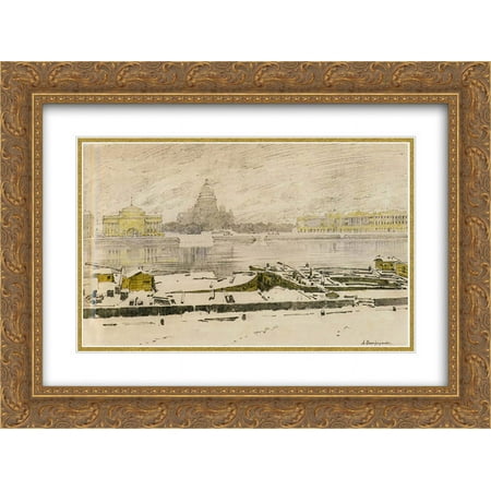 Anna Ostroumova Lebedeva 2x Matted 24x18 Gold Ornate Framed Art Print 'St. Isaac's Cathedral on a foggy day'