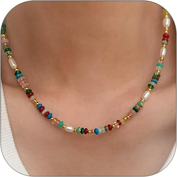 Colorful Beaded Necklace for Women Gemstone Neckelaces Natural Stone Freshwater Pearl Necklace Colorful Rainbow Boho Bead Choker Necklace Charm Jewelry