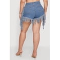 thumbnail image 4 of Women's Plus Size Fringe Hem High Waisted Denim Shorts, 4 of 4