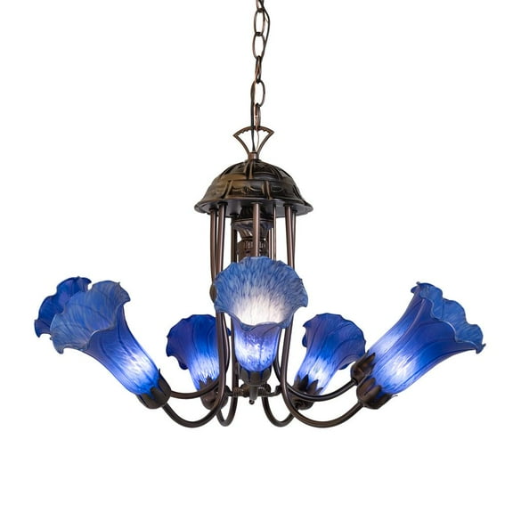 Meyda Lighting 24" Wide Blue Tiffany Pond Lily 7 Light Chandelier