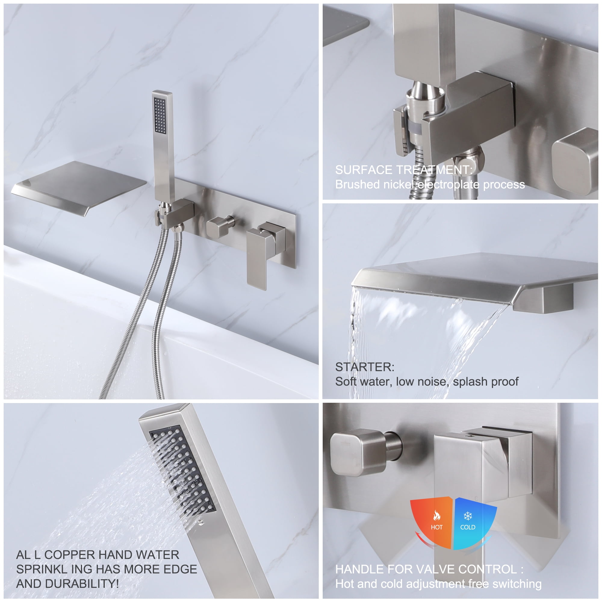 Wall Mounted Tub Filler with hand shower, Two Handles Brushed Nickel Waterfall Bathtub Faucet with Rough-in Valve