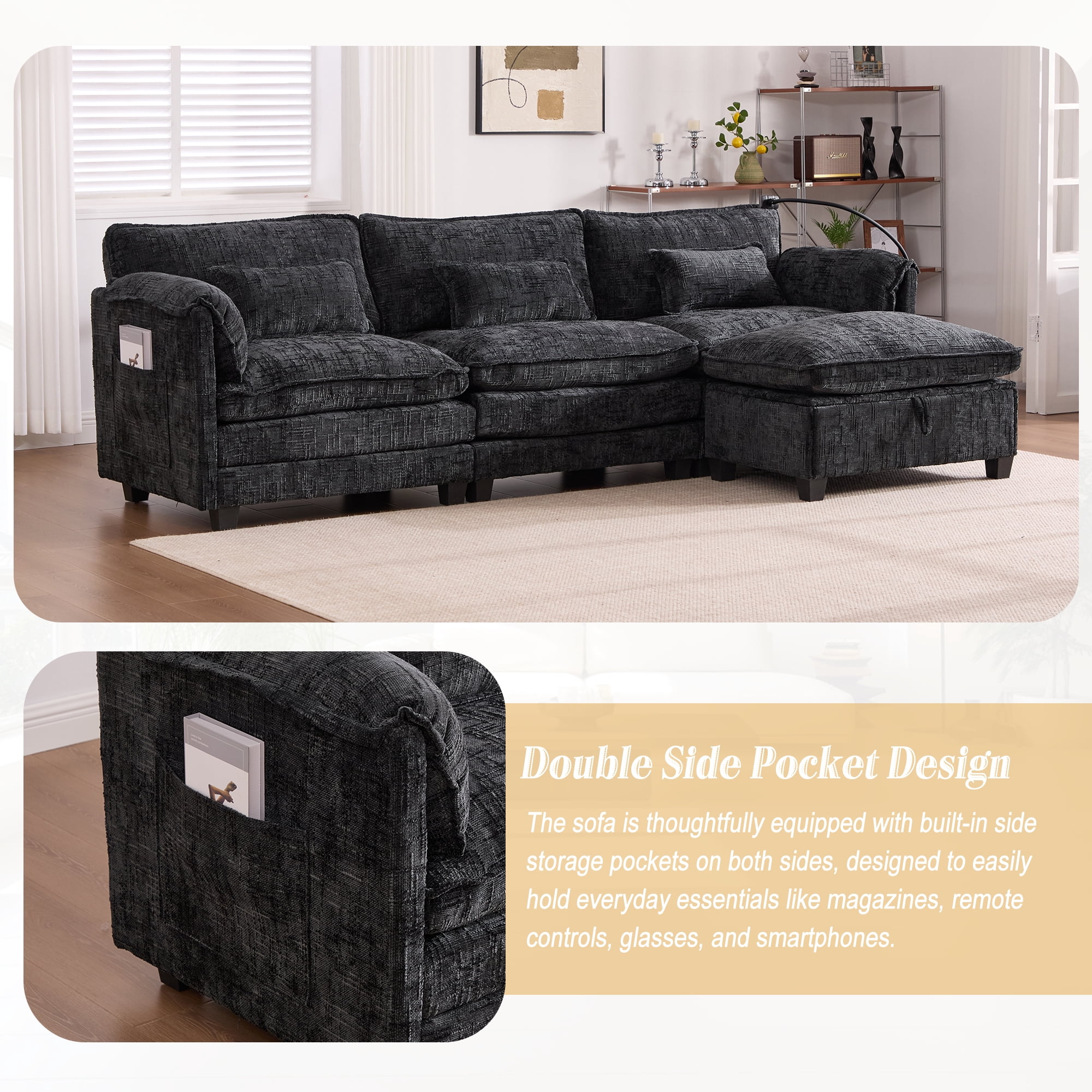 MOONMISS Chenille Upholstered L-shaped Modular Sectional Sleeper Sofa with Movable Storage Ottoman,USB&TYPE-C-Black