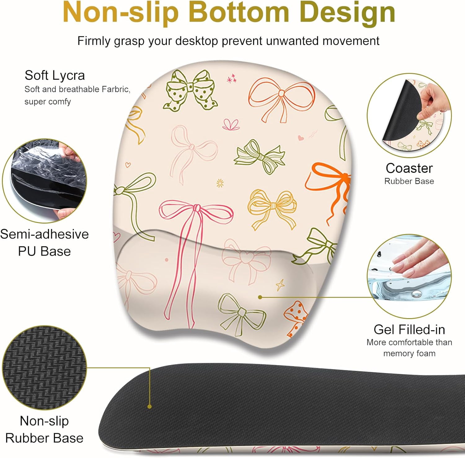 Apricot Mouse Pad with Wrist Support 4 in1 Set, XXL Big Game Mousepad + Keyboard Wrist Rest + Mouse Wrist Rest Pad +Coaster Gaming Mat for Home Office Work Computer I Colorful Cute Girl's Bow
