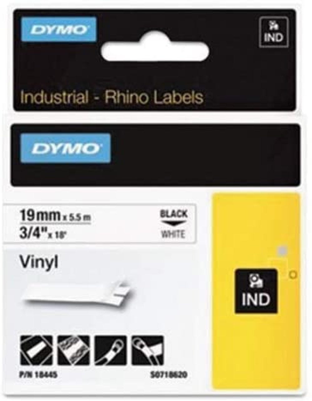 DYMO Rhino Permanent Vinyl Industrial Label Tape 3/4" x 18 ft White/Black Print 