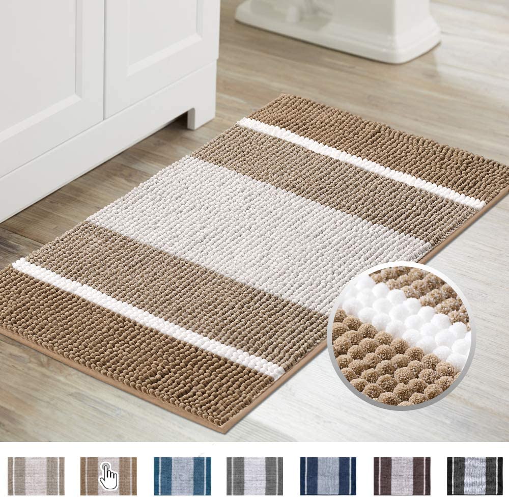 Beige Extra Soft and Absorbent Striped Shaggy Rugs Machine Wash Dry Shower 20x32 inch Non-Slip Chenille Shower Mat WELTRXE Bathroom Rug Mat Kitchen Bath Room Perfect Plush Carpet Mats for Tub