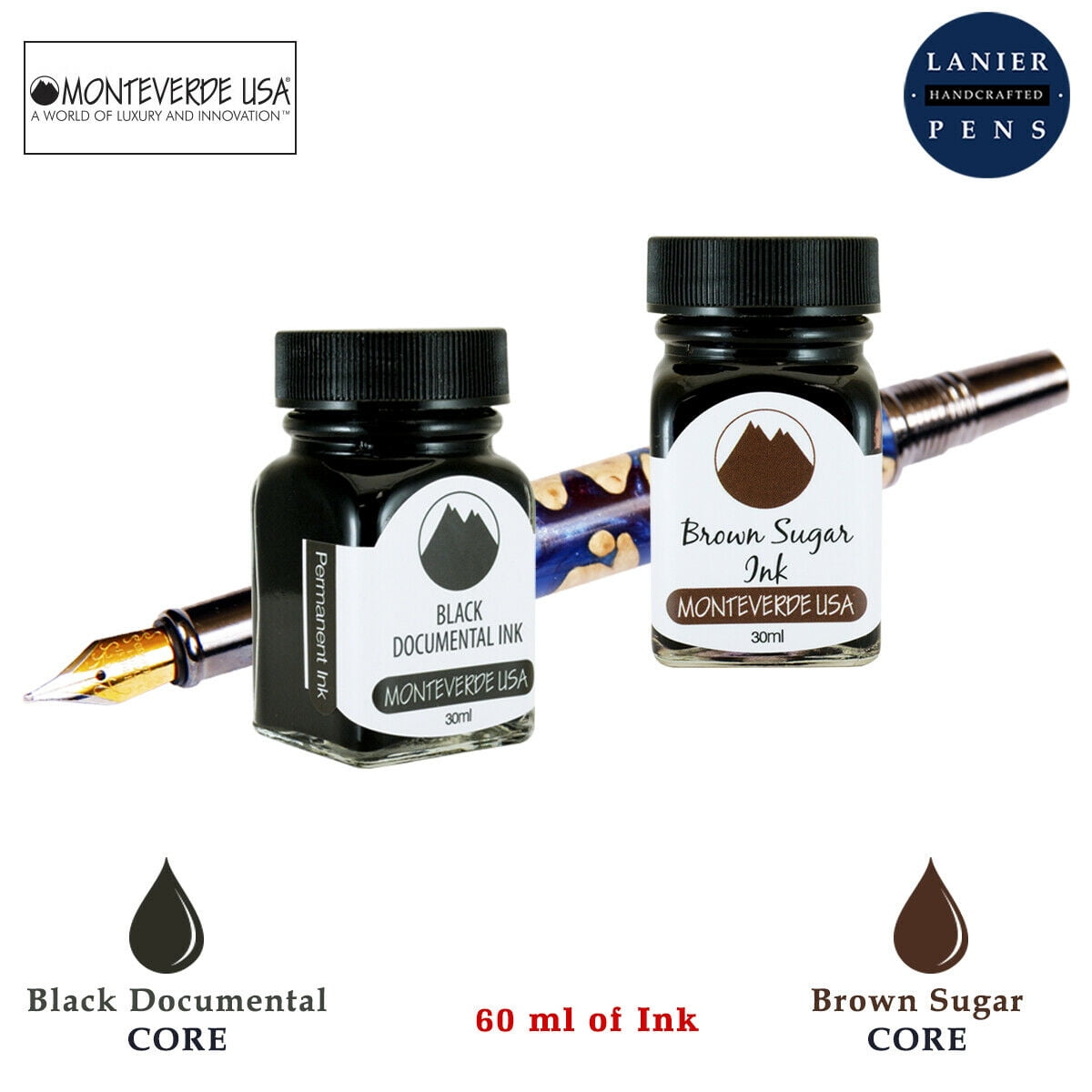 Monteverde 60ml Core Fountain Pen Ink Bottle (30ml Black Documental Ink Bottle G309DB, 30ml Brown Sugar Ink Bottle G309BS)