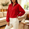 thumbnail image 4 of Liweisiy Women's Half Zip Stand Collar Sweatshirt Drop Shoulder Long Sleeve Solid Color Shirts With Pocket Casual Cropped Pullover Tops Red S, 4 of 5