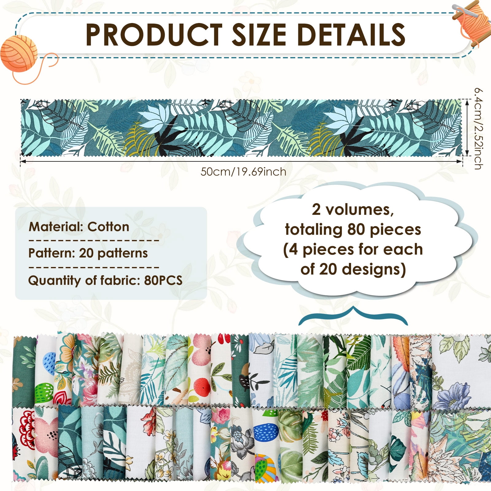 Ikoopy 80/100Pcs Jelly Roll Fabric Strip Set Cotton Floral Print Pre Cut Quilting Strip Quilting and Sewing Patchwork Roll for DIY Craft Blanket Rug