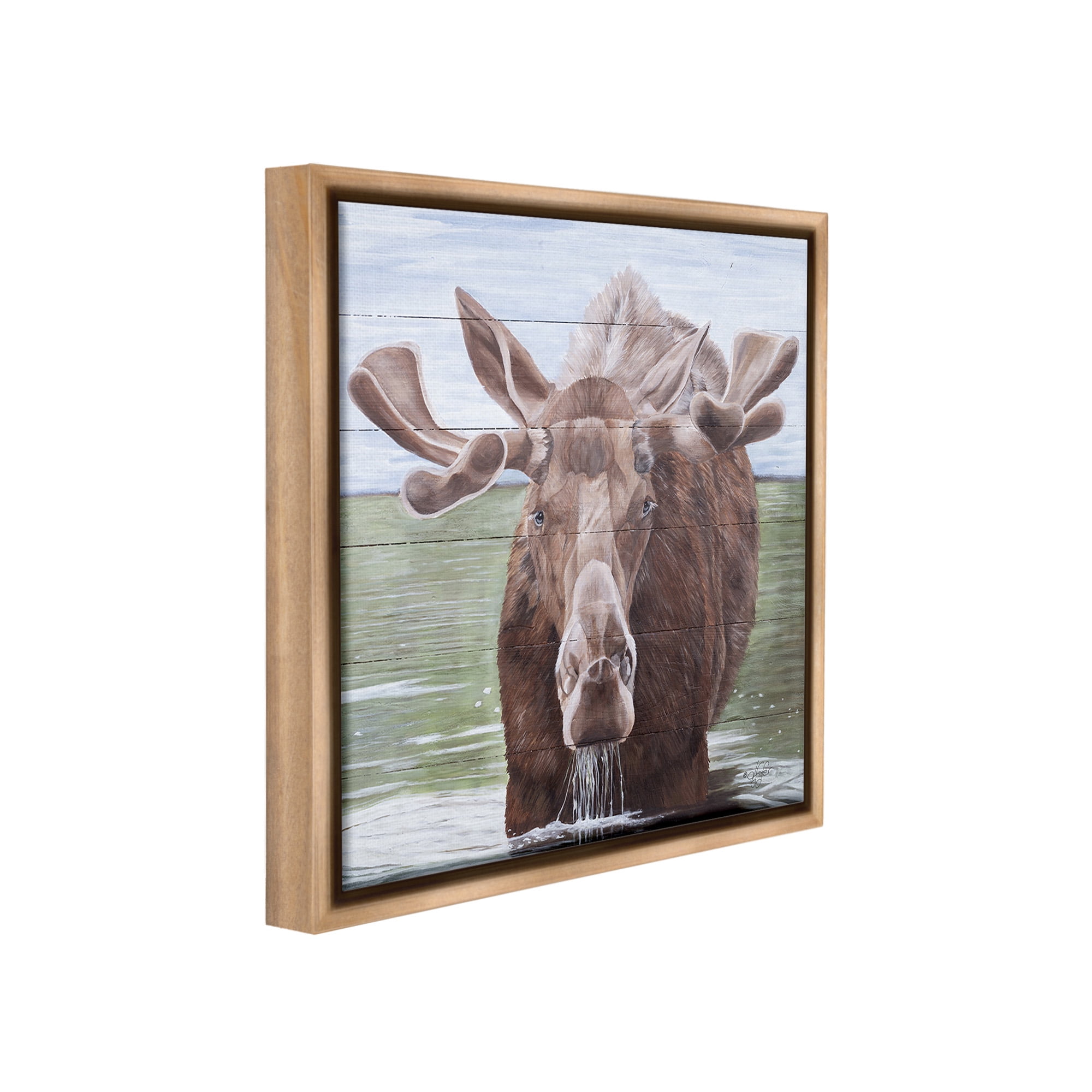 Stupell Industries Rustic Moose in Lake Animals & Insects Painting Brown Floater Framed Canvas Art Print Wall Art, 25 x 25