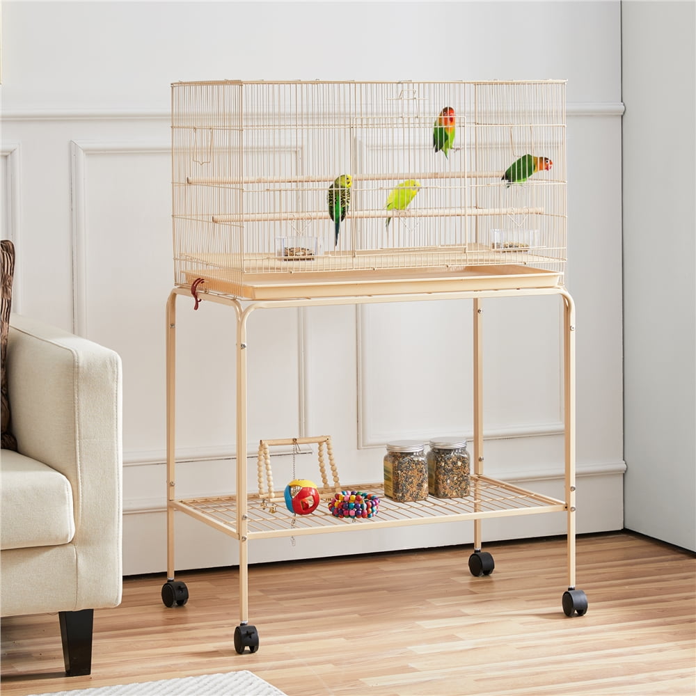 Renwick 47"H Rolling Stand Flight Metal Bird Cage with Slide-Out Tray for Small Birds, Almond