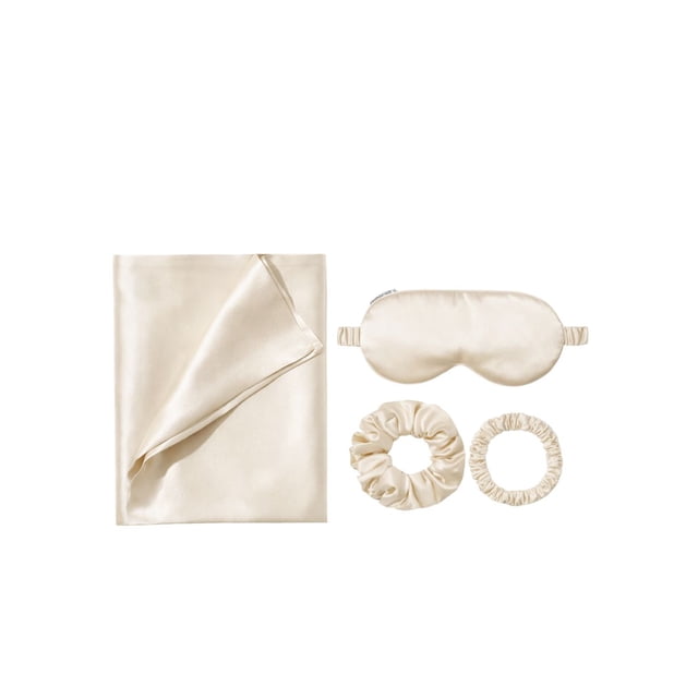 Set de Funda de Almohada de Satín 50 x 70 cm con Antifaz Contorneado y 2 Scrunchies Ivory Protección para Cabello y Piel
