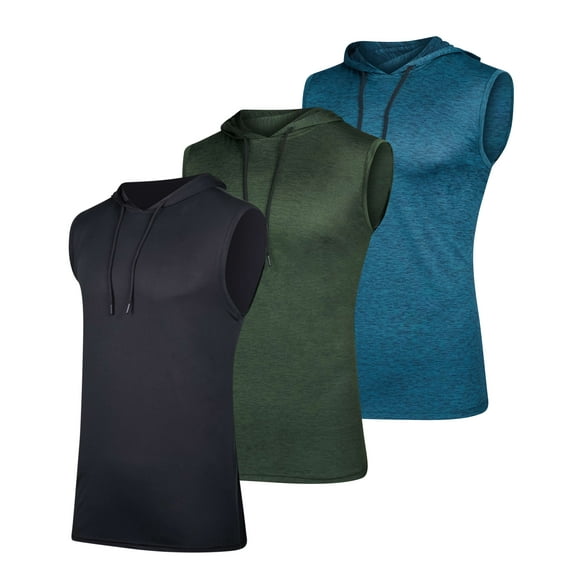 Real Essentials 3 Pack: Mens Dry-Fit Active Hooded Tank Top - Workout Sleeveless Hoodie Drawstring (Available in Big & Tall)
