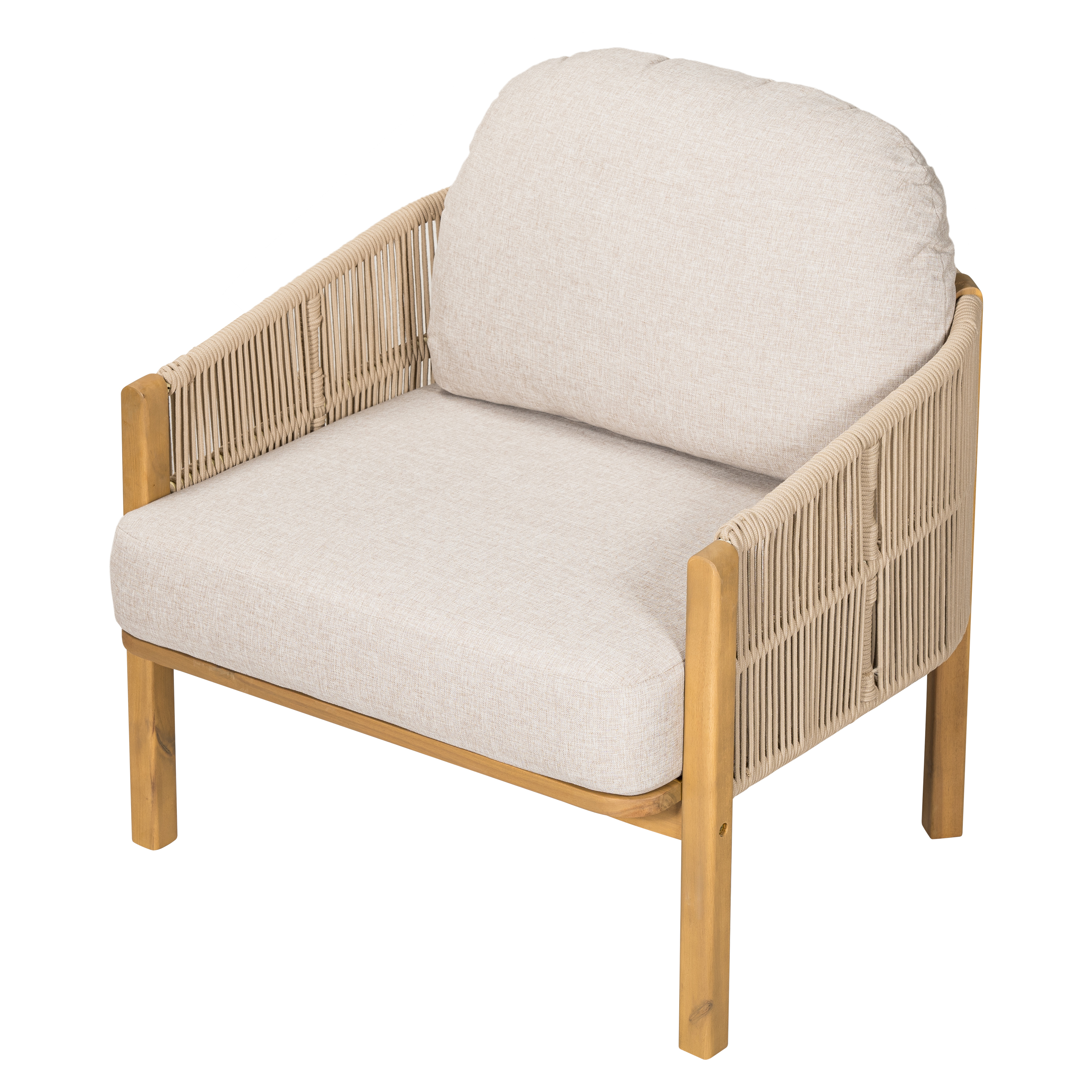 Outdoor Wood Frame Club Chair with Beige Rope and Beige Cushion for Patio Garden Deck, Teak