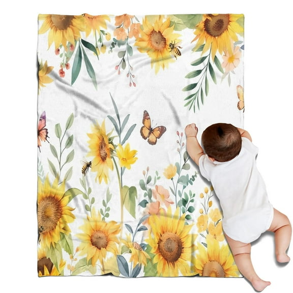 White Butterfly Bee Sunflower Pattern Blanket,Comfortable Soft Flannel Throw Blanket,All Season,Warm Lightweight Blankets for Sofa Bed Couch Living Room Chair,30"x40"