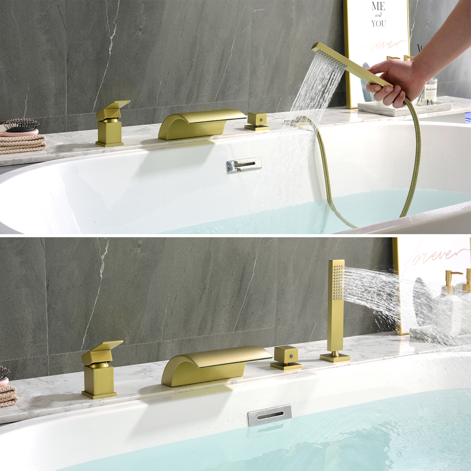 Cobbe Single Handle Bathroom Bathtub Faucet with 7.09-Inch Wide Waterfall Spout and Handheld Shower 4-Hole Mount Brushed Gold