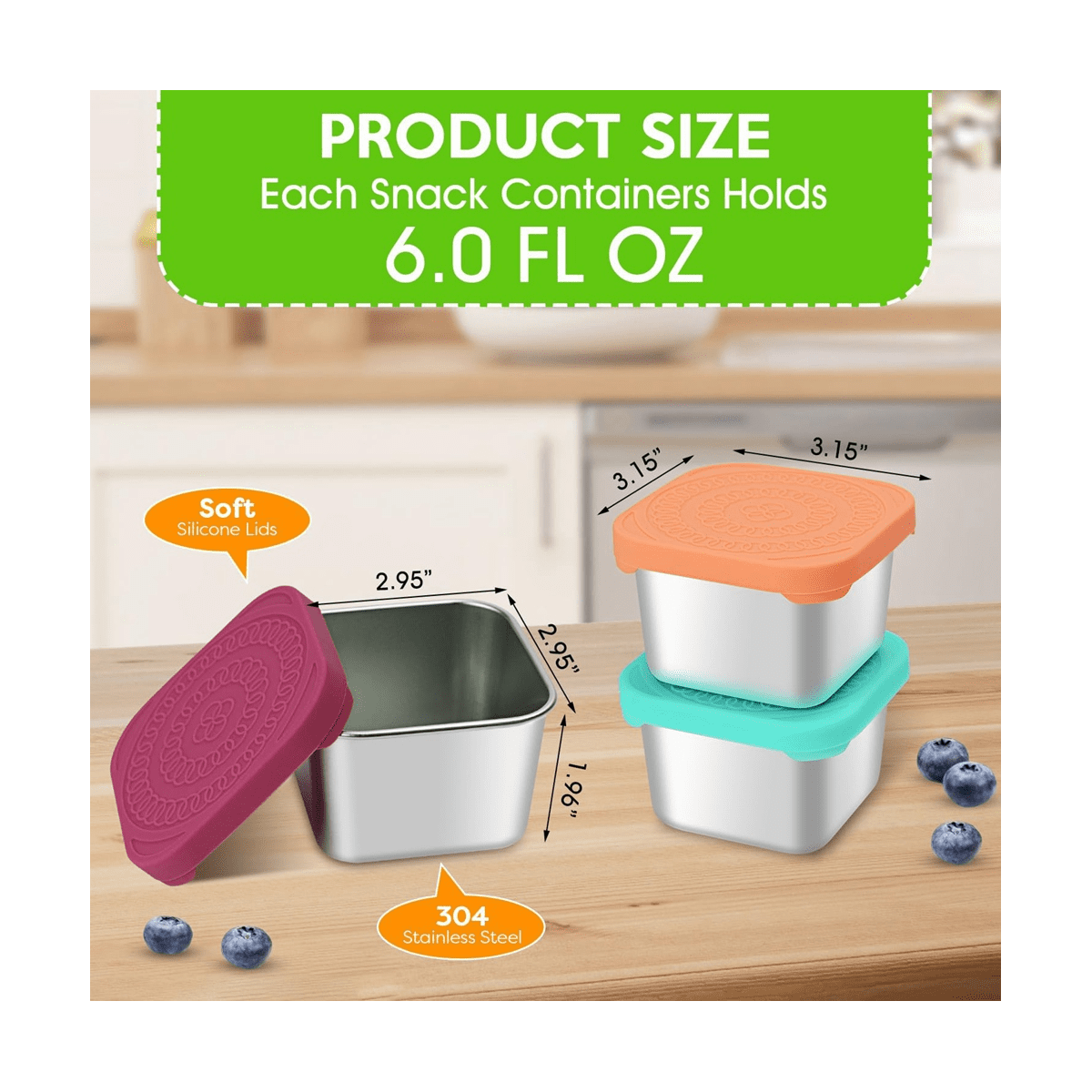 3Pack 6oz Stainless Steel Snack Containers,Easy Open Leak Proof Small Food  Containers with Silicone Lids , Small Metal Food Storage Container ,  Leakproof Snack 