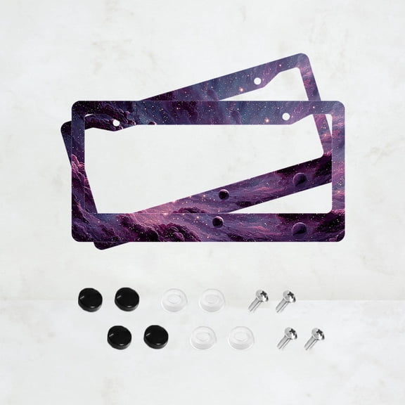 2pc Purple Galaxy Pattern 2 Hole License Plate Frame Aluminum Material 6x12 Inches with Screw Set Retro Novelty Car Decoration Gift Standard US License Plate Size