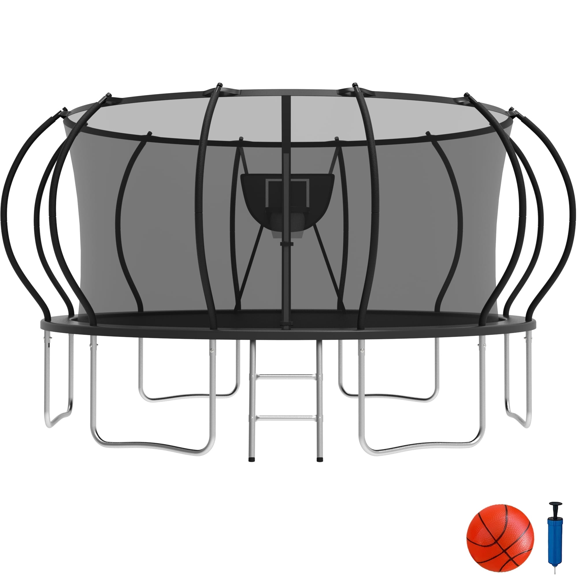 KOFUN Trampoline with Basketball Hoop, 16FT Trampoline for Adults and Kids, No Gap Design Backyard Trampoline with Enclosure Net, Ladder, A Ball, Black