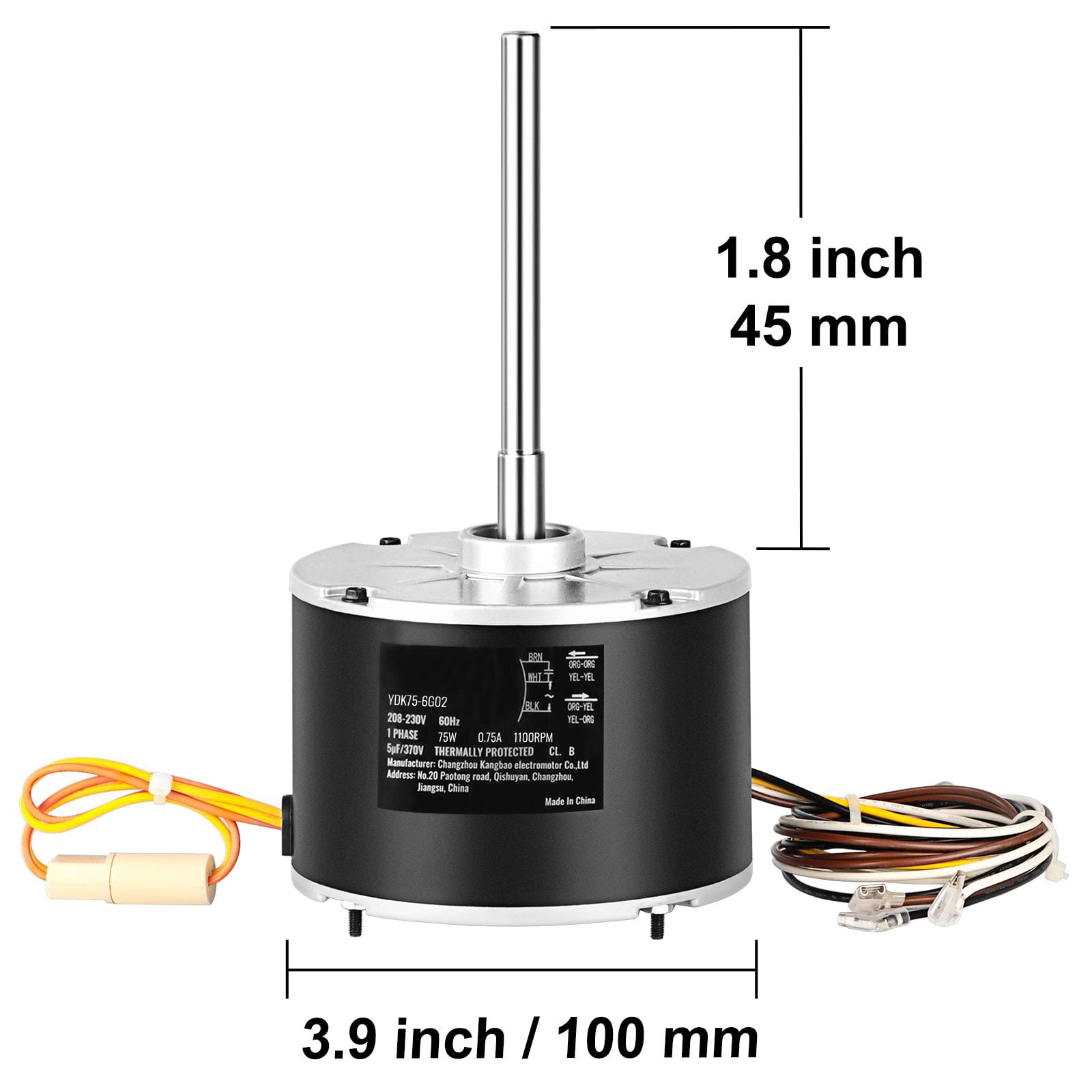 Condenser Fan Motor 1/10 HP 208-230V, 1100 RPM, Reversible Rotation, with 5µF Capacitor, for AC Units