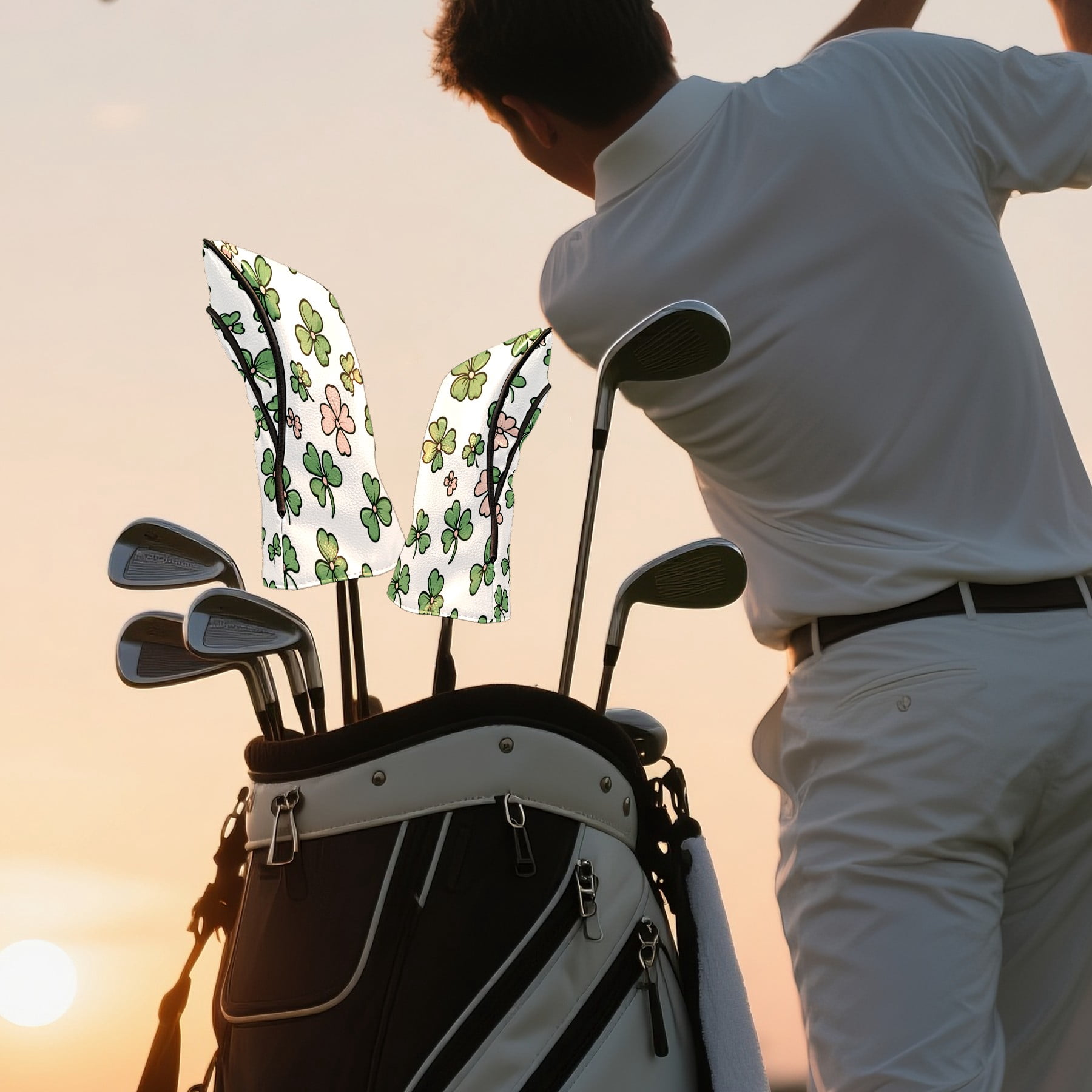 Golf Club Head Covers - Hand-Painted Four-Leaf Clover Pattern, PU Leather, Waterproof, Fits Fairway Woods/Hybrid, Unisex, Fits Most Brands