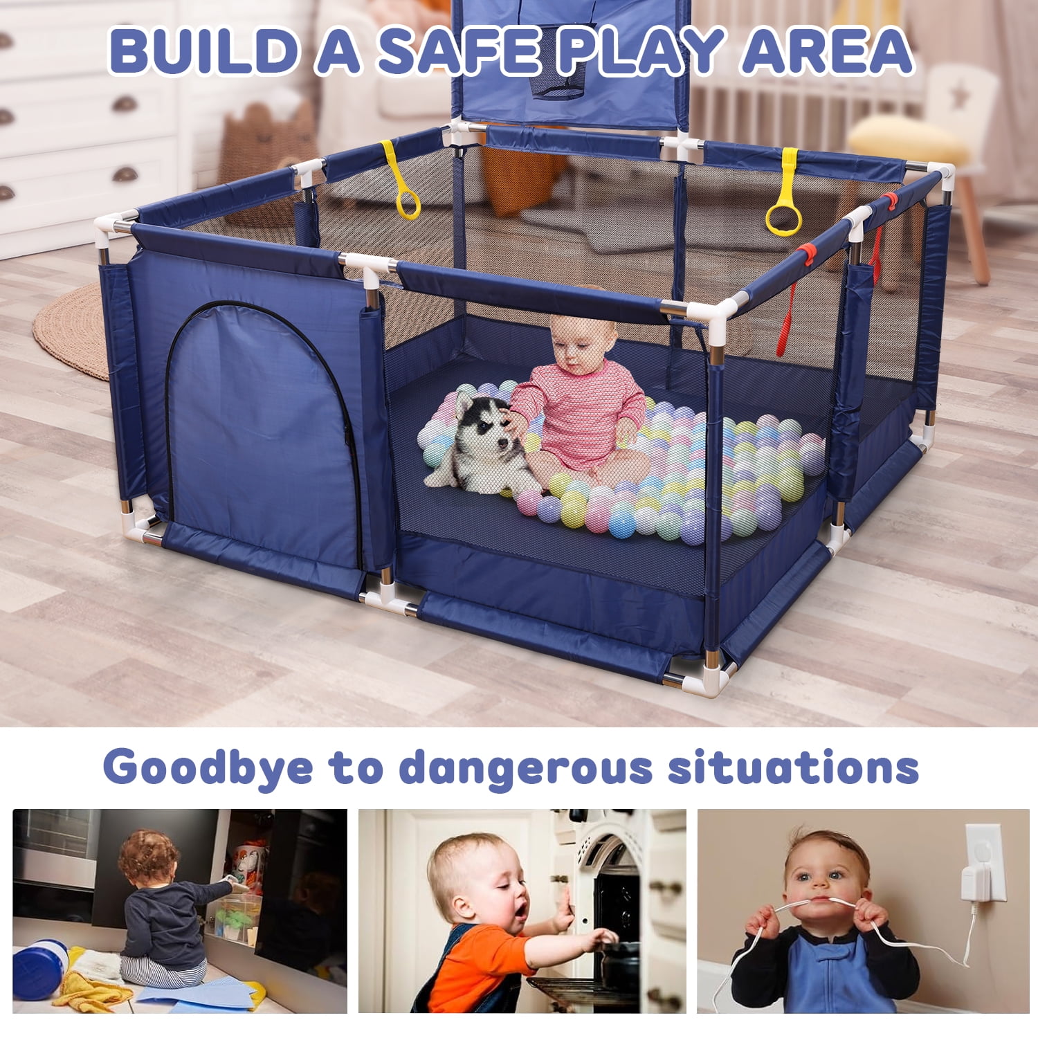 JoyStone 50 x 50 Baby Playpen with 30 Ocean Balls, Soft Mesh Sides, Basketball Hoop & Pull Rings, Indoor Baby Fence for Toddlers, Blue
