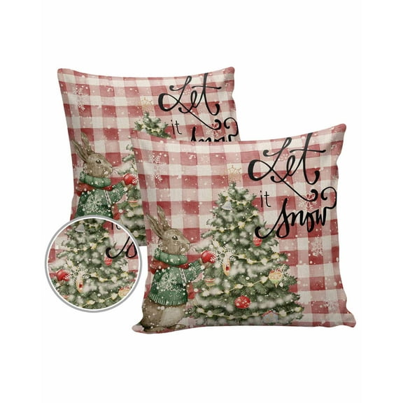 Pack of 2 Outdoor Pillow Covers, Christmas Vintage Squirrel Snowflakes Pine Tree Red Plaid Waterproof Square Throw Pillowcase Cushion Decorative Pillow Covers for Couch Patio Tent, 20x20 in