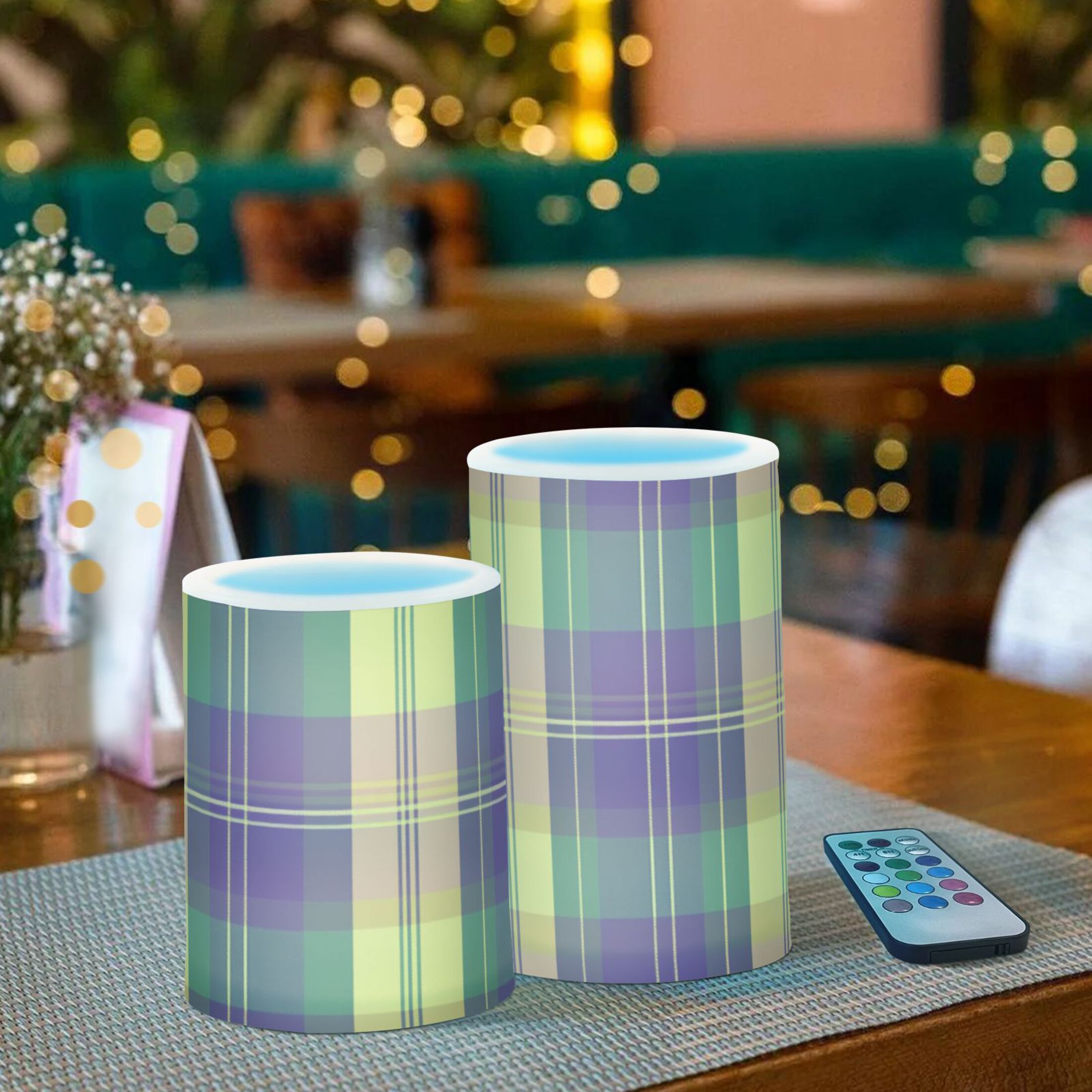 Mardi-gras Colored Plaid Flickering Flameless Candles LED Tealight Battery Operated with Remote Set of 2 Holiday Decor Ornaments