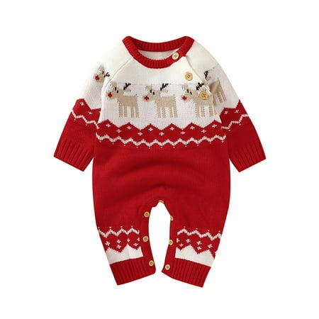 

Colisha Cute Party Playsuit for Infant Soft One Piece Xmas Romper Warm Elk Printed Christmas Jumpsuit Red 70cm