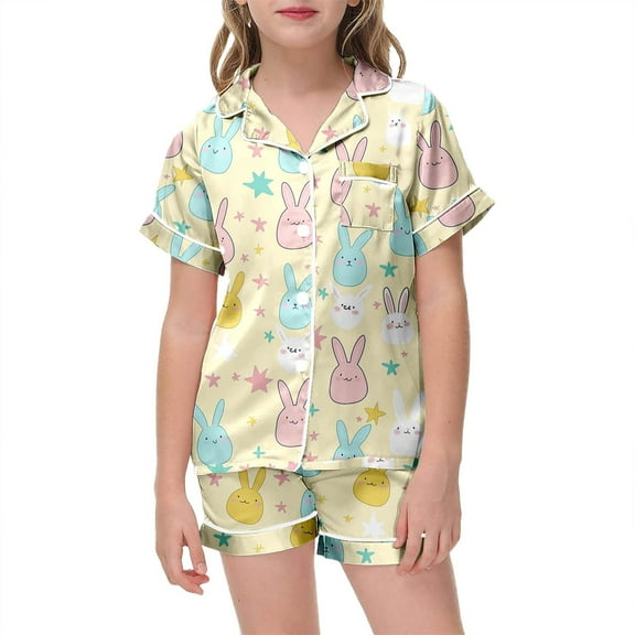 LRen Girls Easter Outfits Size 6 Cartoon Print Short Sleeve Shirts and Shorts Set Trendy Silk Button Up Collared Easter Home Outfit Set Easter Gifts for Girls