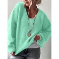 thumbnail image 6 of Women Soft Deep V Neck Drop Shoulder Lantern Long Sleeve Oversized Lazy Fit Solid Knit Sweater Green XL, 6 of 8