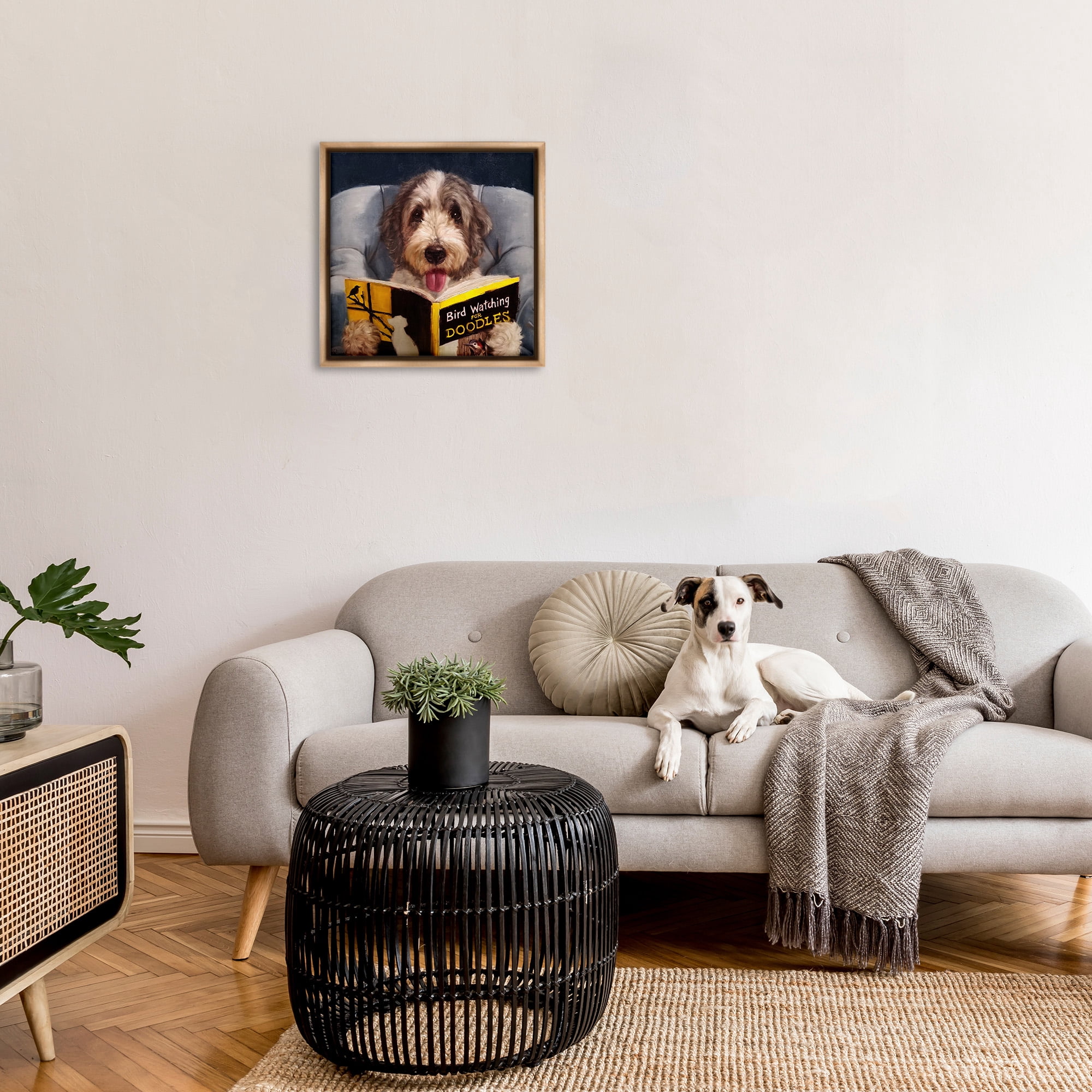 Stupell Industries Dog with Bird Watching Book Animals & Insects Painting Brown Floater Framed Canvas Art Print Wall Art, 25 x 25
