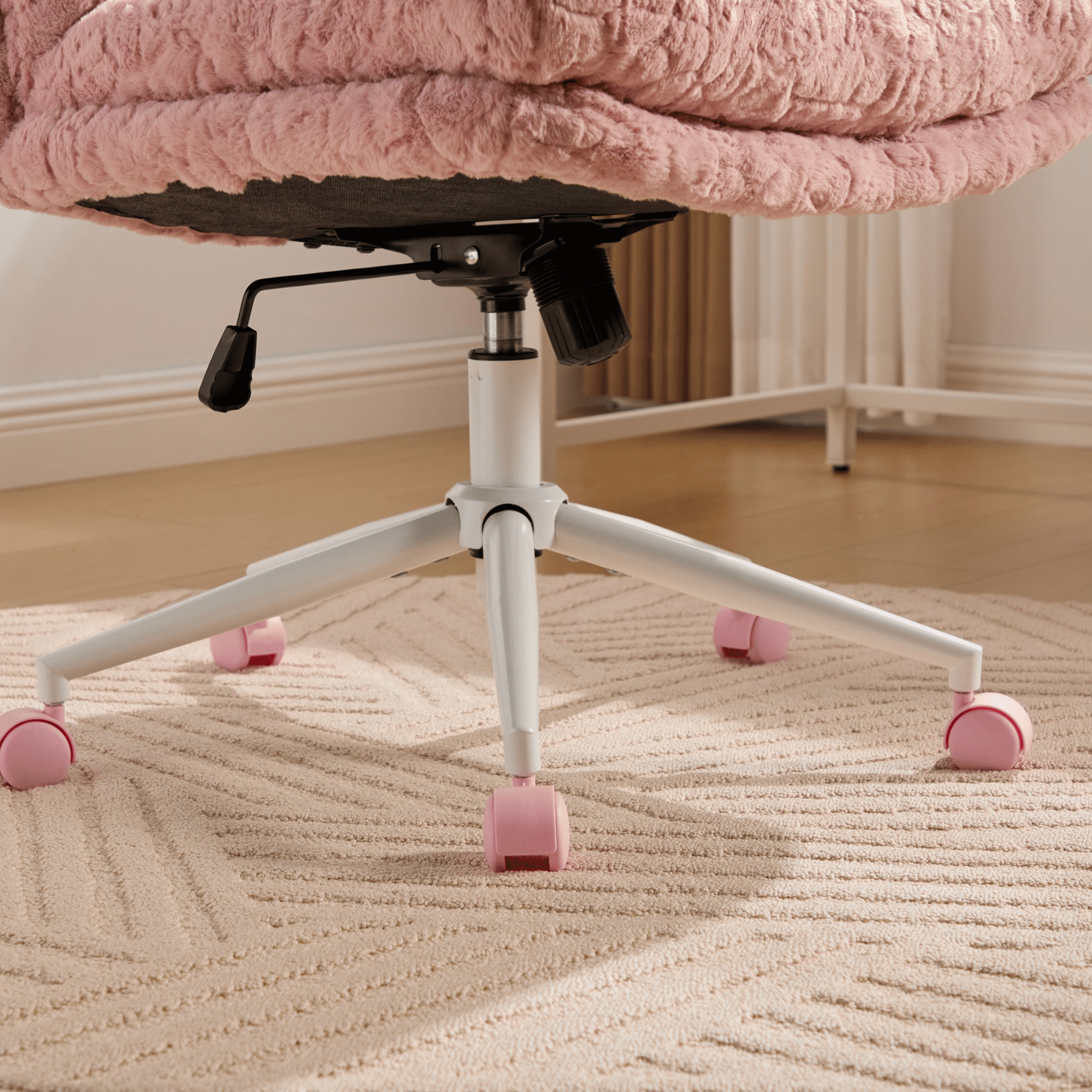 SESSLIFE 26.4 inch Wider Seat Office Chair, Artificial Rabbit Hair Home Office Chair with Metal Base, Adjustable Desk Chair Swivel Office Chair, Vanity Chair(Pink)