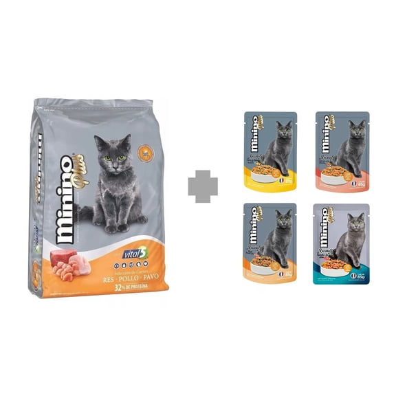 Paquete croqueta gato Minino Minino plus 10 kg + 10 sobres minino plus 85 gr