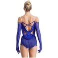 thumbnail image 3 of TSSOE Women's Ruched Latin Dance Outfit Tassel Samba Rumba Salsa Jazz Dance Bodysuit Top with Gloves Blue M, 3 of 7