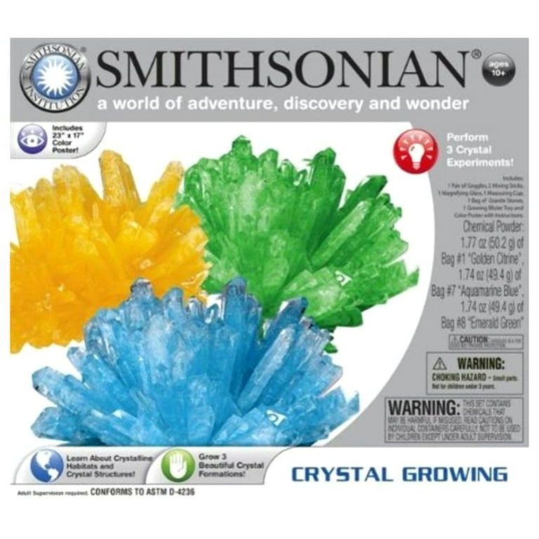 Smithsonian Crystal Growing Kit – Grow 3 Gem-Like Crystals, Includes Goggles & Magnifying Glass