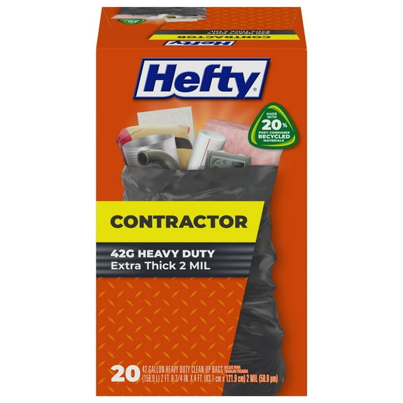 Hefty Heavy Duty Contractor Large Trash Bags, Made with 20% Post-Consumer Recycled Materials, 42 Gallon, 20 Count