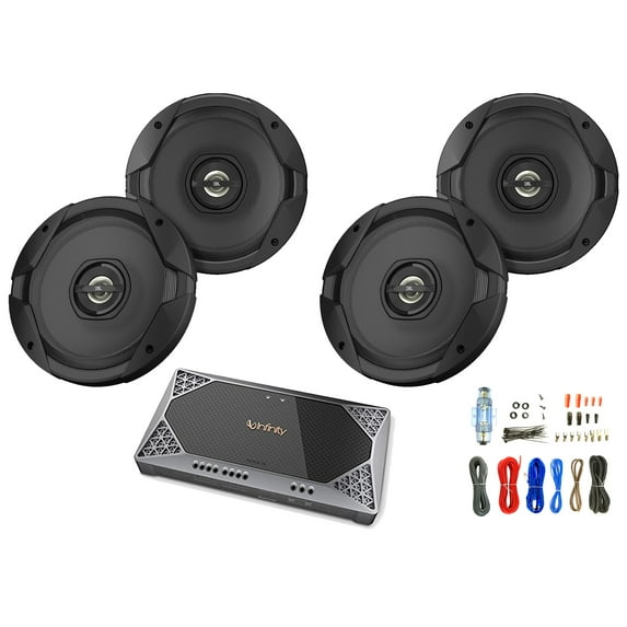 4x JBL GT7-6 6.5” Coaxial Car Audio Loud Speaker w/ PEI tweeter, with Infinity Reference Series REF-704A 4-Channel Car Audio Amplifier, Enrock Amp Install Kit