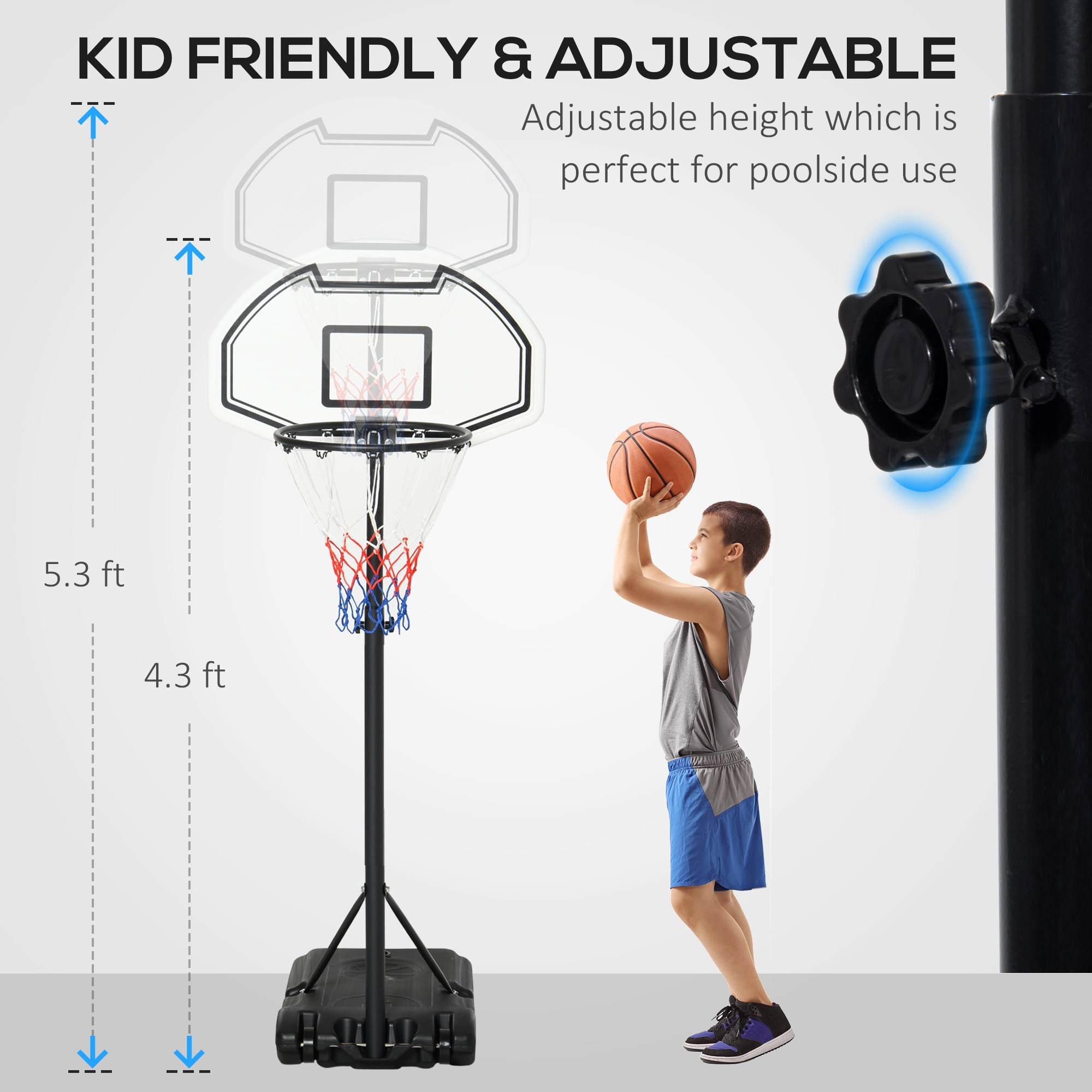 Aosom Poolside Basketball Hoop Stand Portable Basketball System Goal,  Adjustable Height 3'-4', 30" Backboard