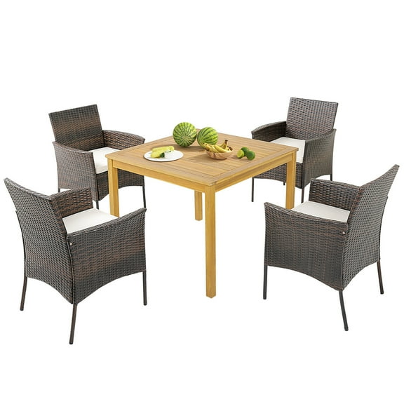Gymax 5 PCS Patio Dining Set Acacia Wood Table w/ 1.9'' Umbrella Hole Cushioned Chairs
