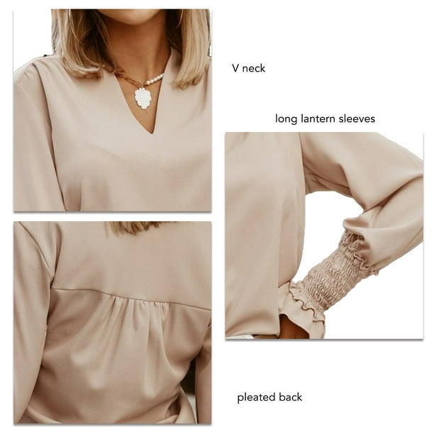 Camisa de Mujer con Cuello en V Linterna Manga Larga Color Puro Blusa de Trabajo Simple Camisa Superior para otono e Invierno Bodega Aurrera en linea