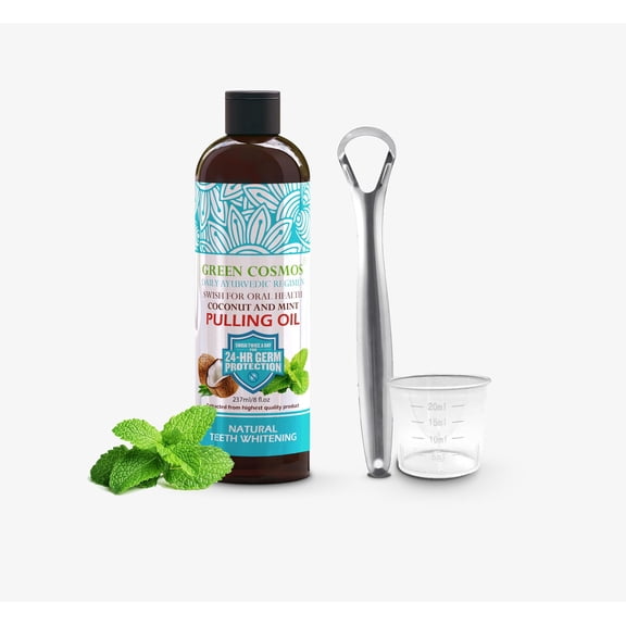 Green Cosmos Coconut Mint Pulling Oil Mouthwash Daily Swish for Oral Health 8 oz - Alcohol & Fluoride Free, Healthy Gums, Fresh Breath, Solution for Bad Breath