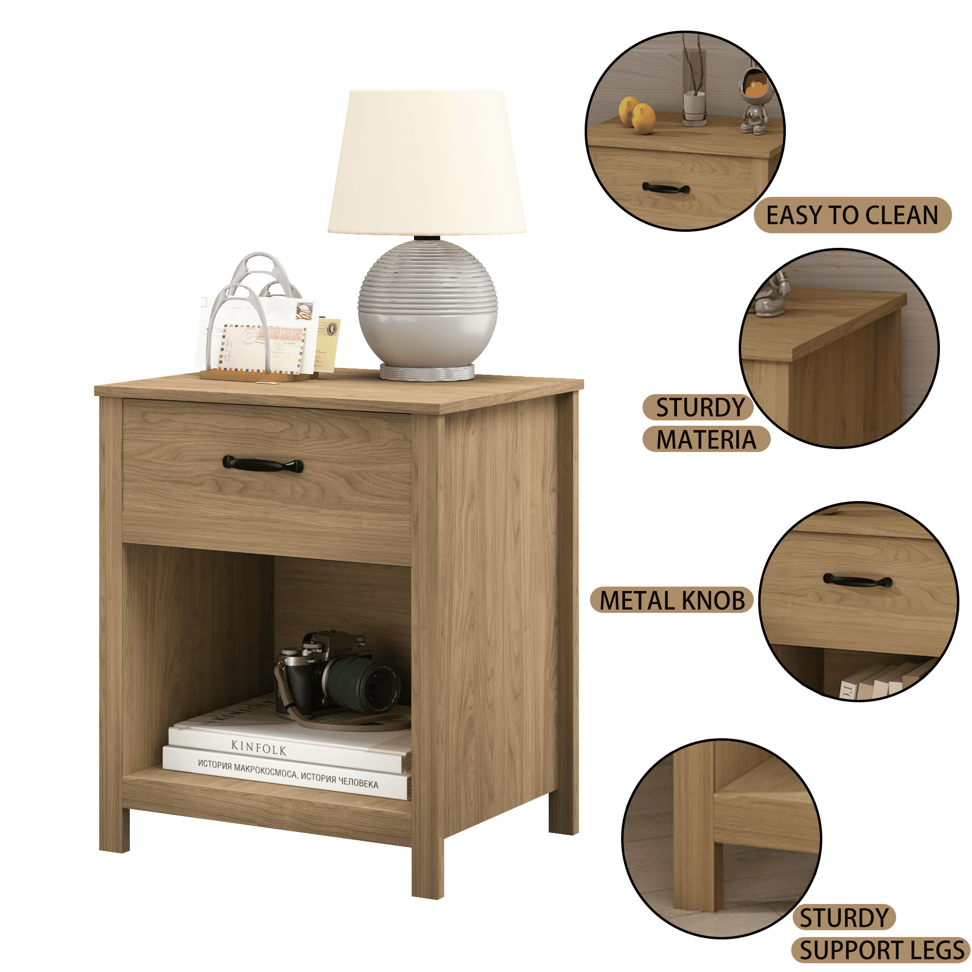 Nightstand with 1 Drawer and Open Shelf,Modern Wood Bedside Table End Table for Bedroom,Living Room or Apartment,Brown