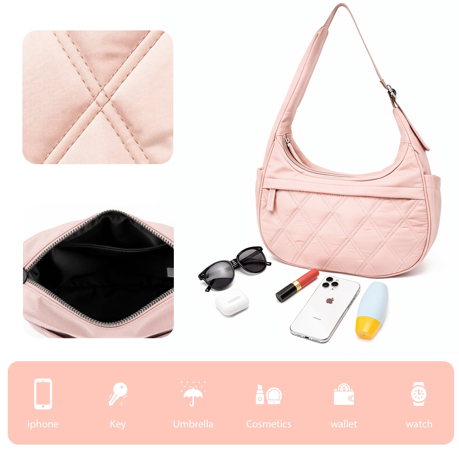 DEFAHN Puffy Quilted Tote Bag for Women, Soft Nylon Crossbody Bag with Zipper Pockets, Large Lightweight Carryall Hobo Handbag for Work Travel School, Gift Idea