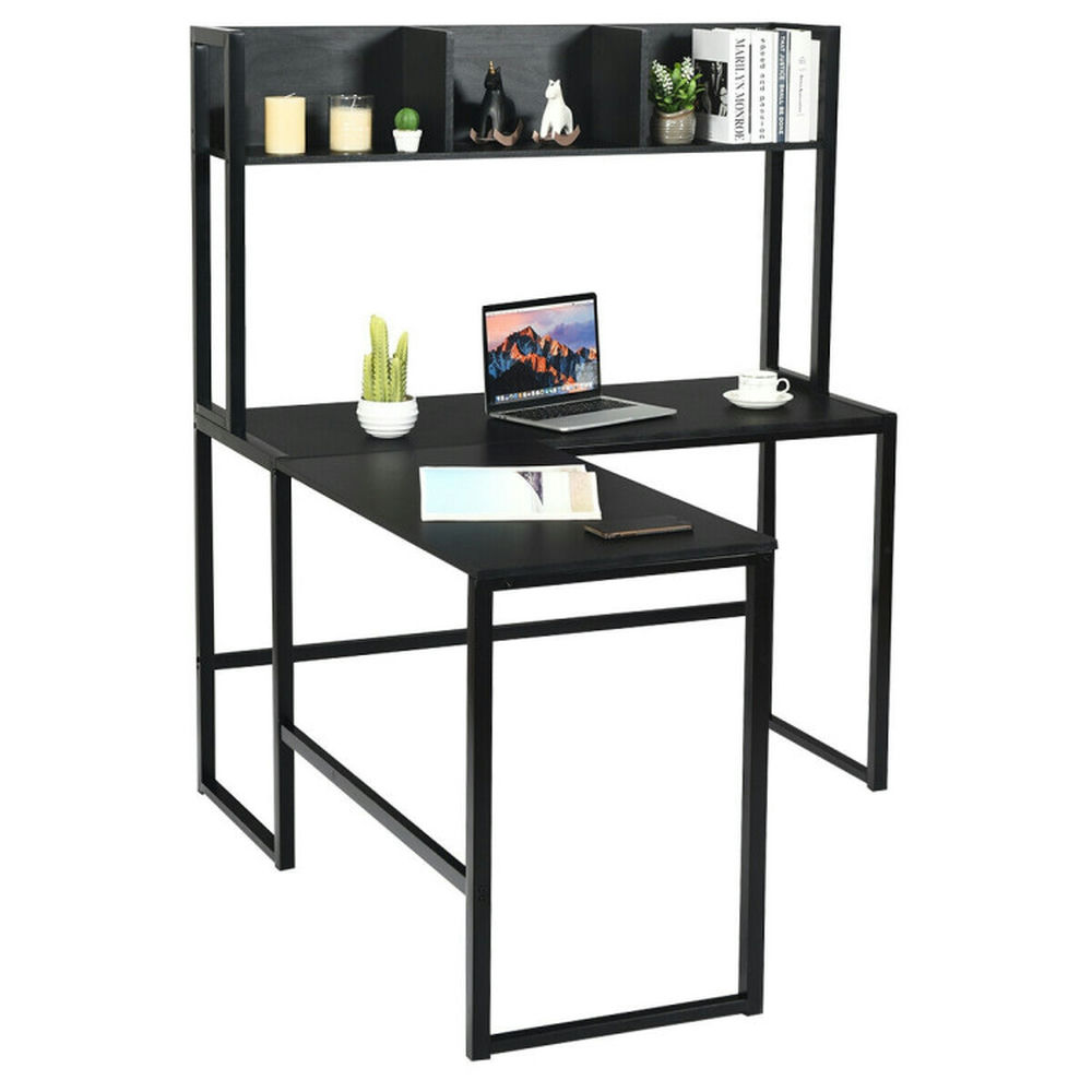 Demi Bonn Reversible L-Shaped Corner Desk with Storage Bookshelf, Small Home Office Desk Study Writing Table, Black