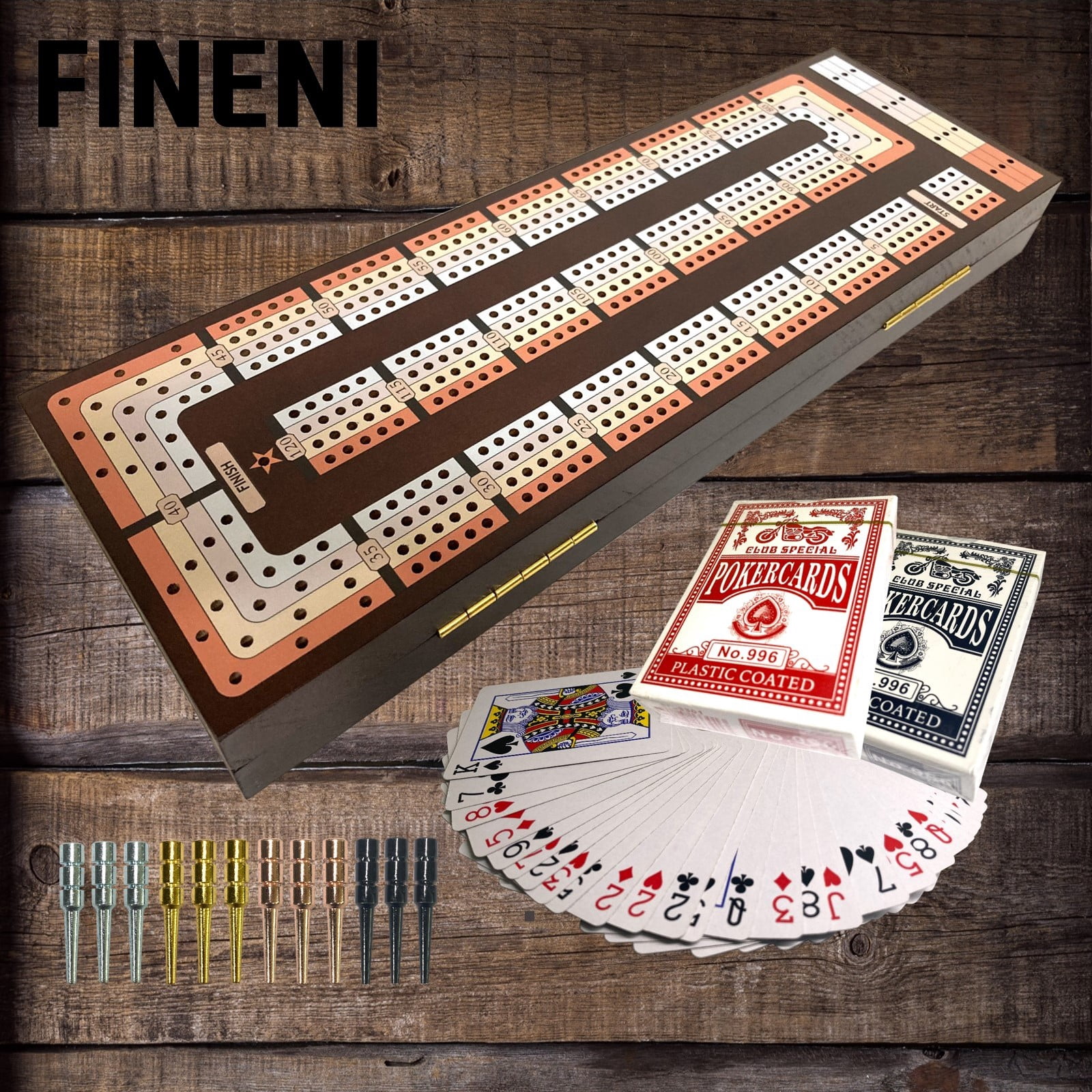 FINENI 4 Track Cribbage Board Game Set, Premium Wooden Board with Magnetic Lock, 12 Metal Pegs, 2 Playing Cards with Large Storage & Travel Portable – Continuous 4 Track Board